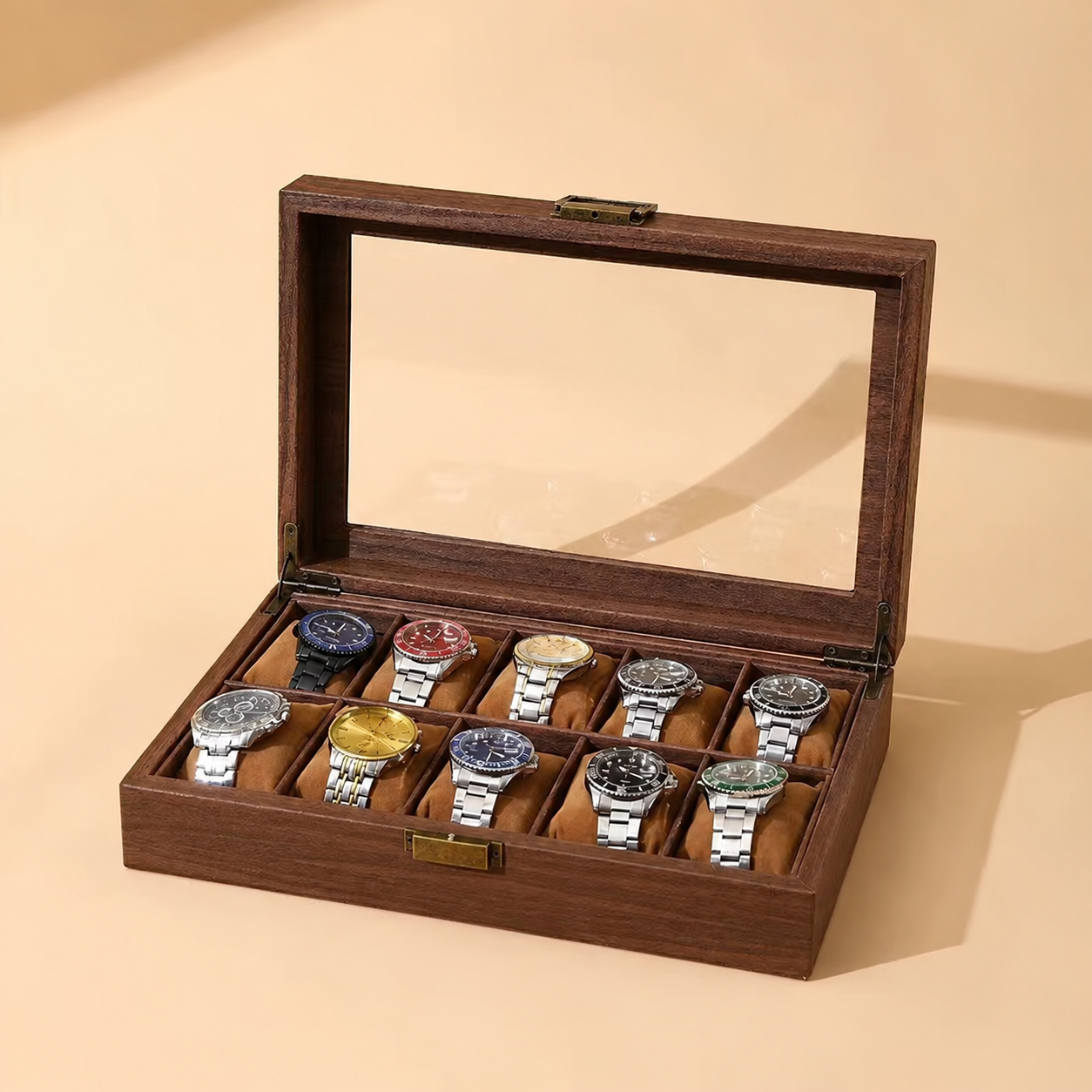 Holz Uhrenbox für 10 Uhren mit Glasdeckel