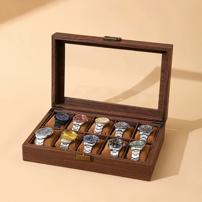 Holz Uhrenbox für 10 Uhren mit Glasdeckel