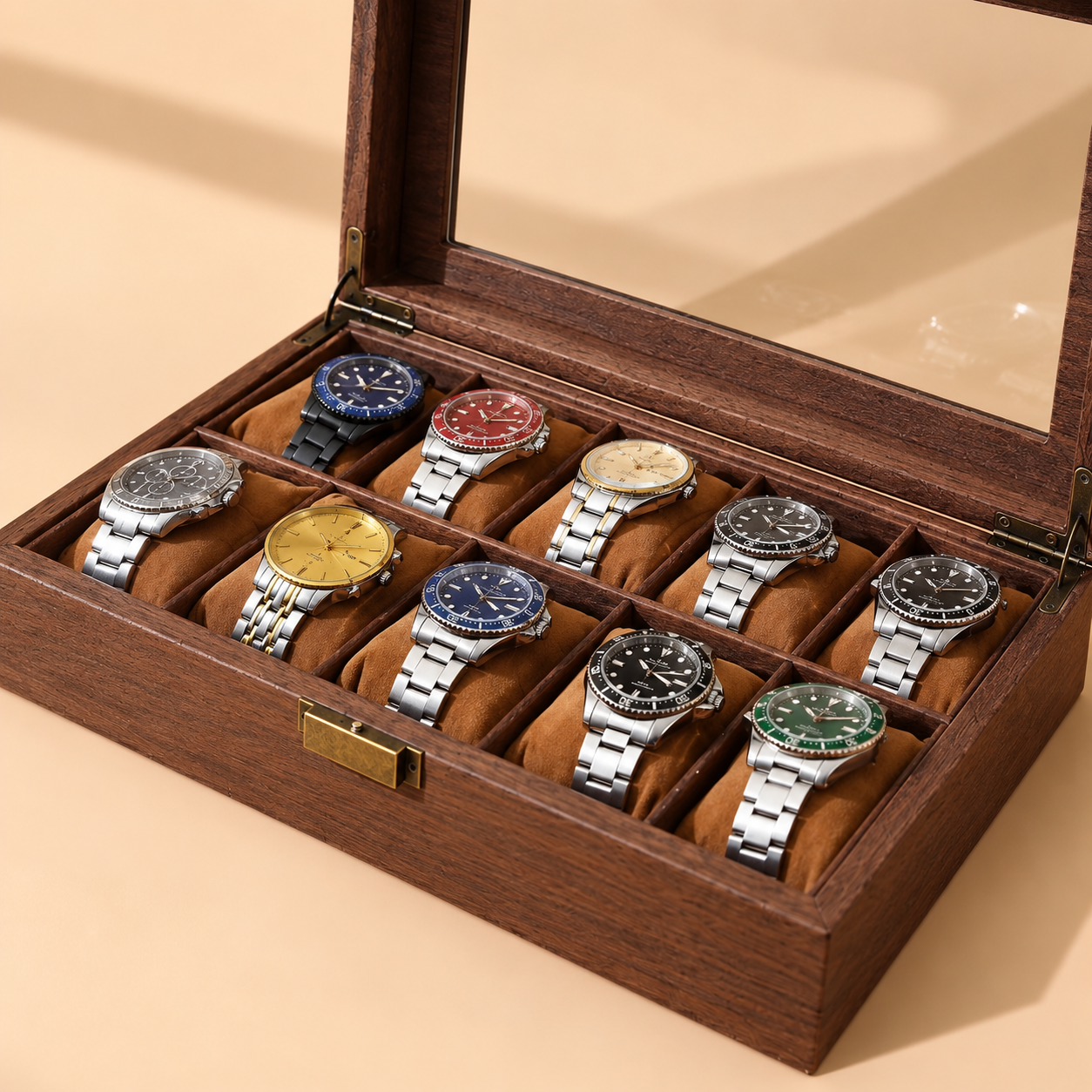 Holz Uhrenbox für 10 Uhren mit Glasdeckel