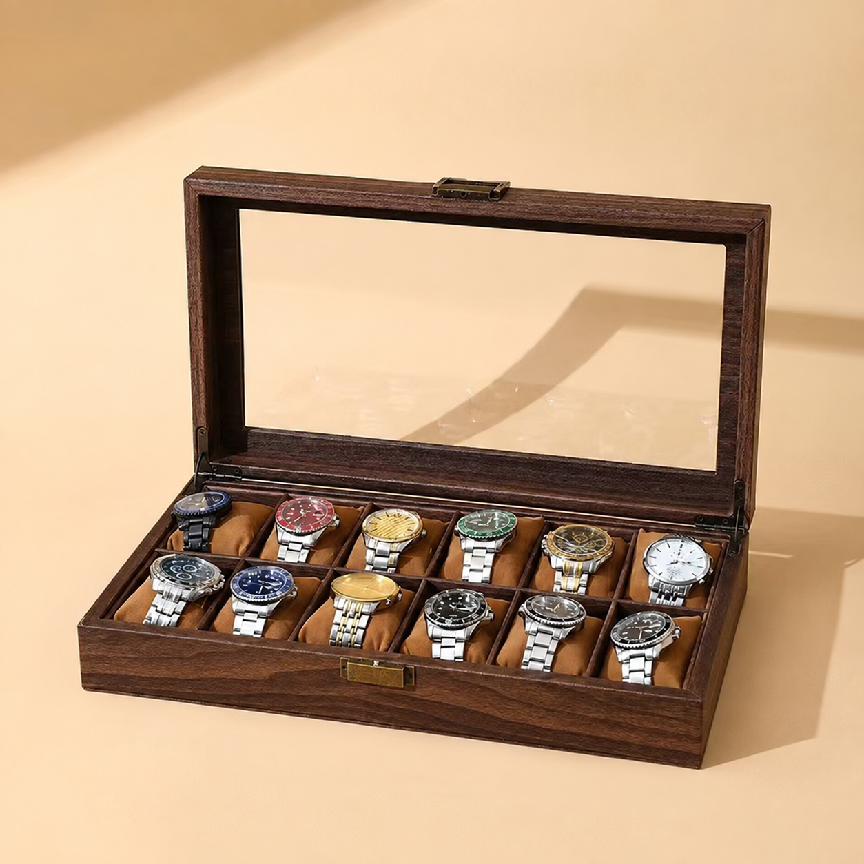 Holz Uhrenbox für 12 Uhren mit Glasdeckel