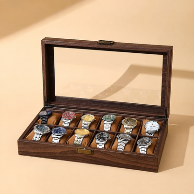 Holz Uhrenbox für 12 Uhren mit Glasdeckel