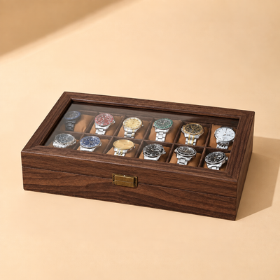 Holz Uhrenbox für 12 Uhren mit Glasdeckel