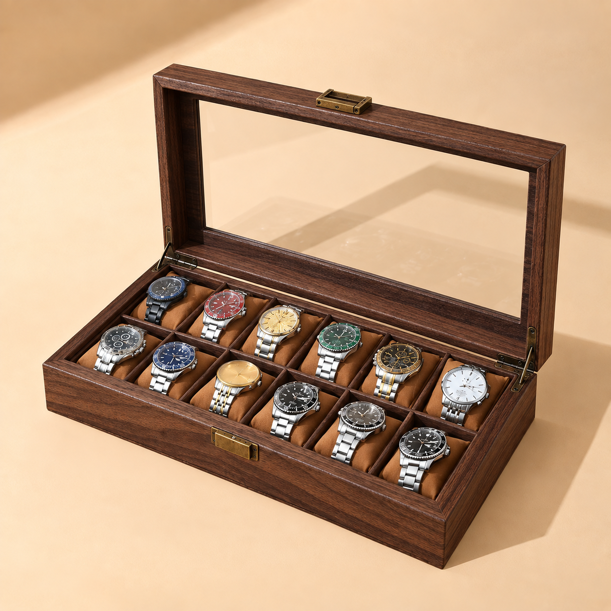 Holz Uhrenbox für 12 Uhren mit Glasdeckel