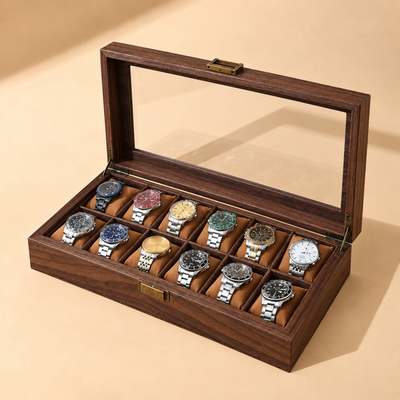 Holz Uhrenbox für 12 Uhren mit Glasdeckel